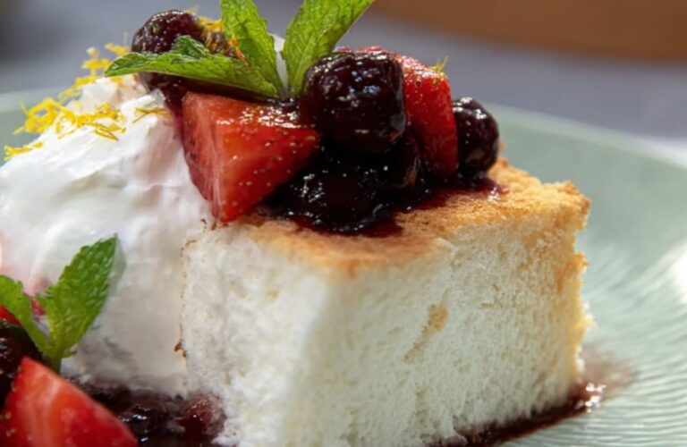 Devilish Angel Cake with Wine Soaked Berries Recipe