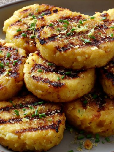 Grilled Chickpea Polenta Cakes with Chive Oil and Lemon Recipe