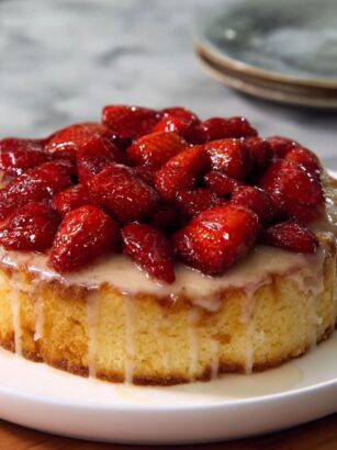 Lemon Sponge Cake with Glazed Strawberries Recipe