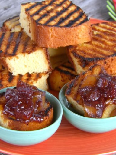 Grilled Sponge Cake with Peach and Cherry Compote Recipe