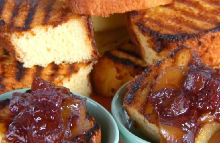 Grilled Sponge Cake with Peach and Cherry Compote Recipe