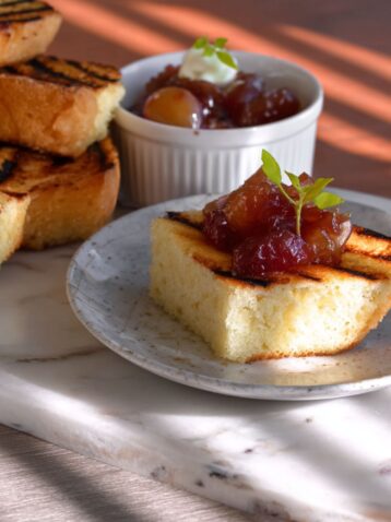 Grilled Sponge Cake with Peach and Cherry Compote Recipe