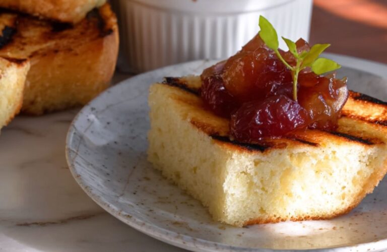 Grilled Sponge Cake with Peach and Cherry Compote Recipe