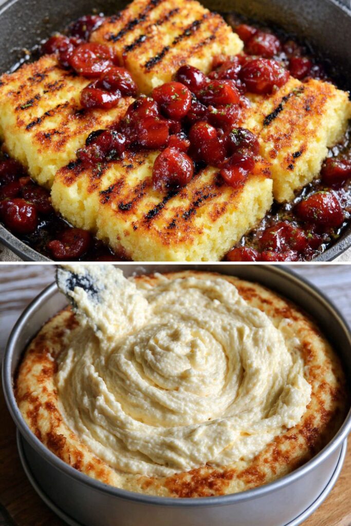 Grilled Sponge Cake with Peach and Cherry Compote Recipe