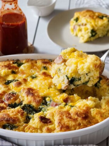 Breakfast Cornbread Casserole with Ham and Kale Recipe