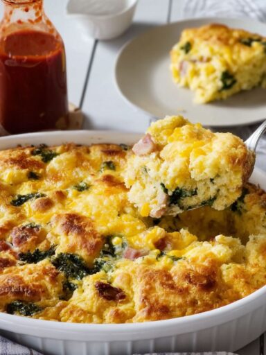 Breakfast Cornbread Casserole with Ham and Kale Recipe