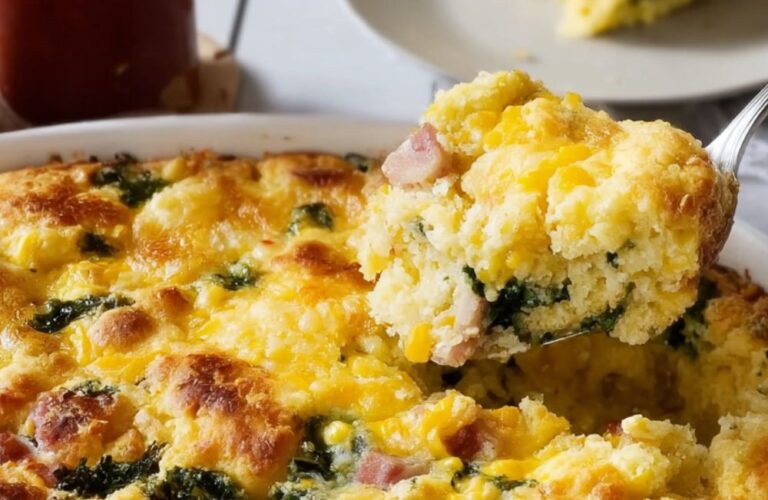 Breakfast Cornbread Casserole with Ham and Kale Recipe