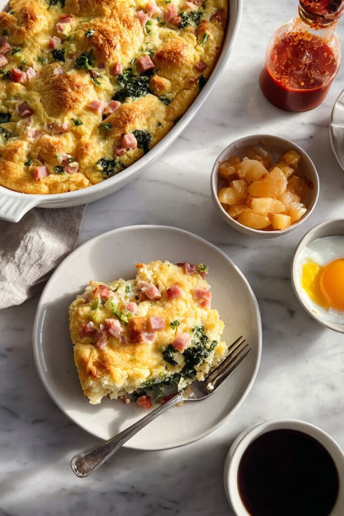 Breakfast Cornbread Casserole with Ham and Kale Recipe