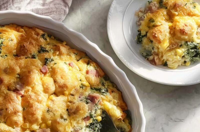 Breakfast Cornbread Casserole with Ham and Kale Recipe