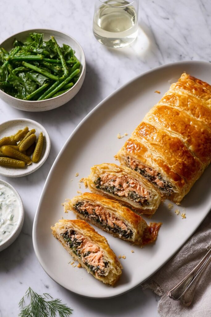 Salmon Coulibiac with Herby Horseradish Cream Recipe