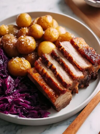 Crispy Pork Belly with Braised Red Cabbage and Sugar Browned Potatoes Recipe