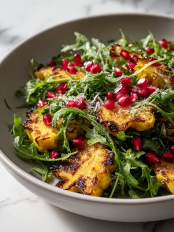 Delicata Squash and Arugula Salad with Pesto Shrimp and Parmesan Frico Recipe