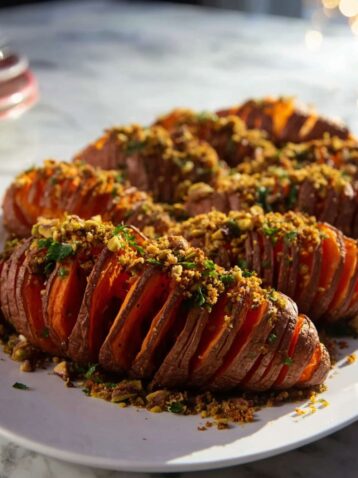 Hasselback Sweet Potatoes with Pistachio Crumble Recipe