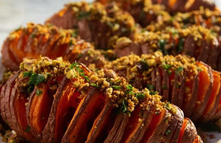 Hasselback Sweet Potatoes with Pistachio Crumble Recipe