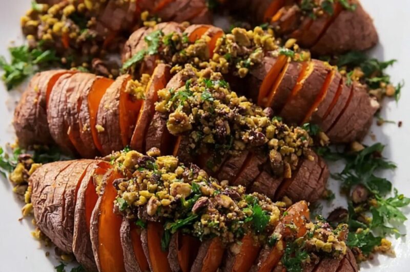 Hasselback Sweet Potatoes with Pistachio Crumble Recipe