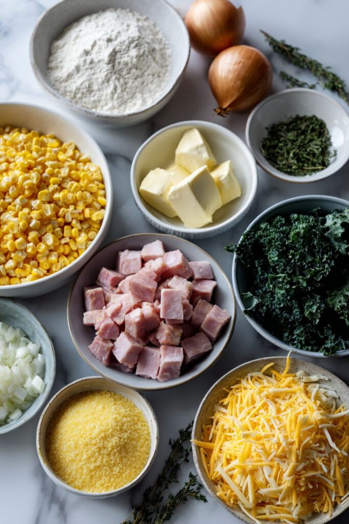 Breakfast Cornbread Casserole with Ham and Kale Recipe