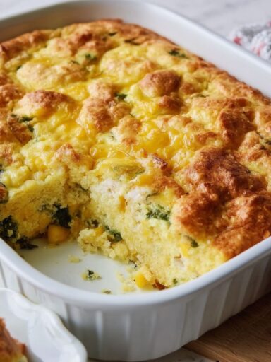 Breakfast Cornbread Casserole with Ham and Kale Recipe