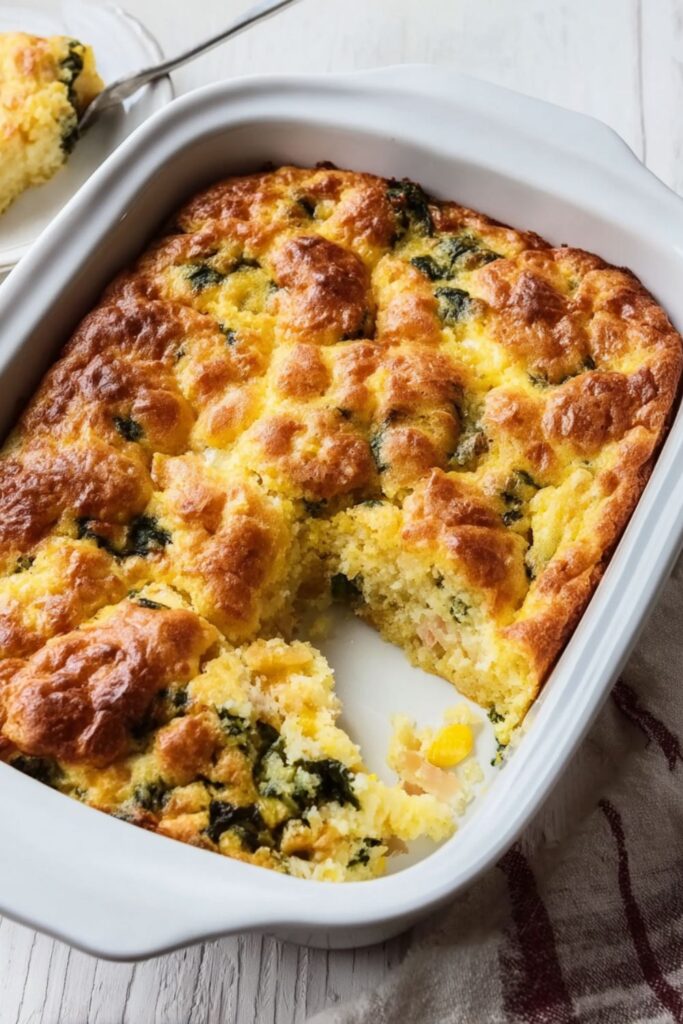 Breakfast Cornbread Casserole with Ham and Kale Recipe
