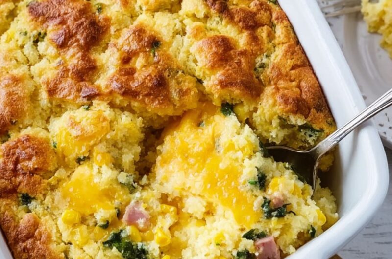 Breakfast Cornbread Casserole with Ham and Kale Recipe