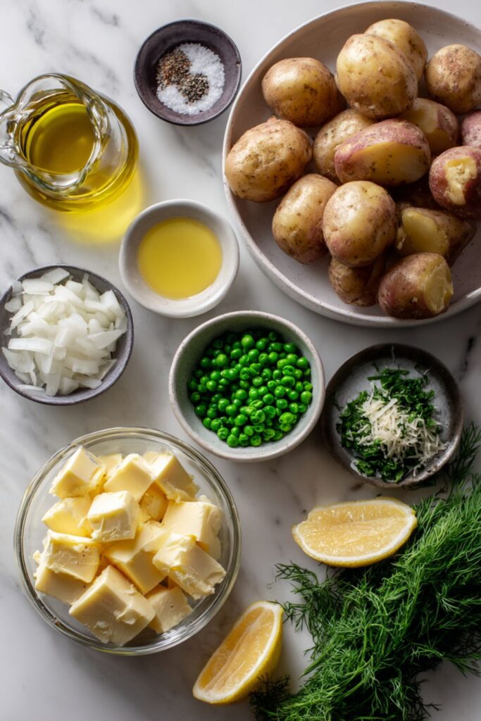 Smashed New Potatoes with Peas, Lemon, and Pearl Onions Recipe