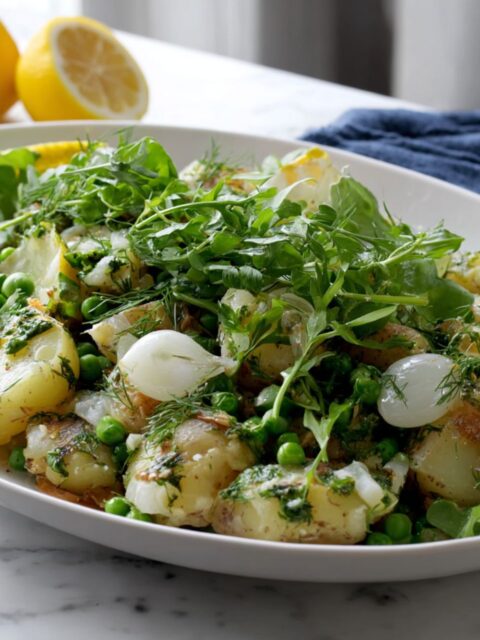 Smashed New Potatoes with Peas, Lemon, and Pearl Onions Recipe