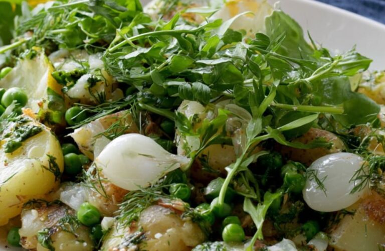 Smashed New Potatoes with Peas, Lemon, and Pearl Onions Recipe