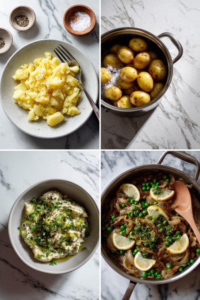 Smashed New Potatoes with Peas, Lemon, and Pearl Onions Recipe