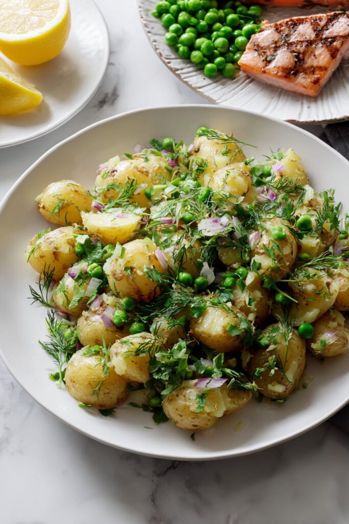 Smashed New Potatoes with Peas, Lemon, and Pearl Onions Recipe