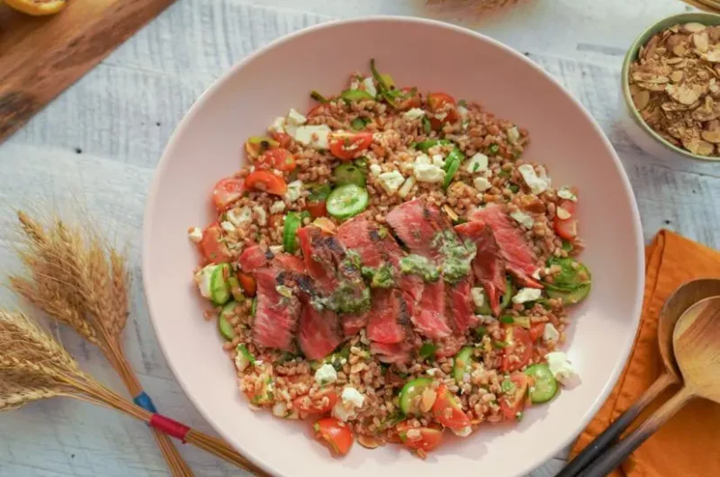 Molly Yeh Grilled Rib Eye with Feta Farro